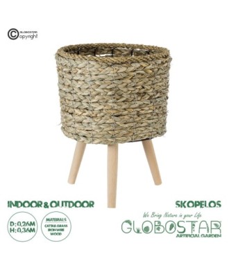 GloboStar® Artificial Garden SKOPELOS 20296 Διακοσμητικό Πλεκτό Καλάθι - Κασπώ Γλάστρα - Flower Pot Μπεζ με Καφέ Φ26cm x Υ36cm